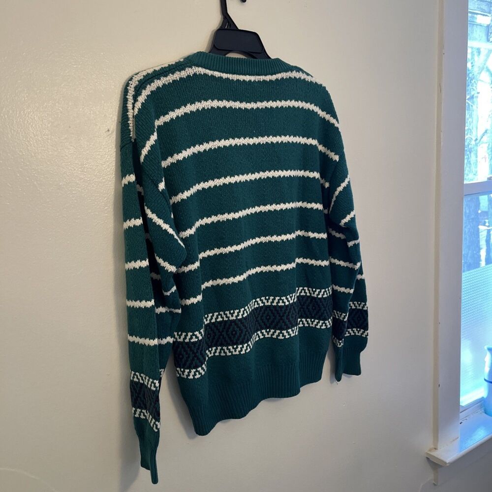 IZOD Vintage 80s Aztec Cotton Striped Grandpa Knit V Neck Sweater, Teal- Med. - Picture 8 of 9